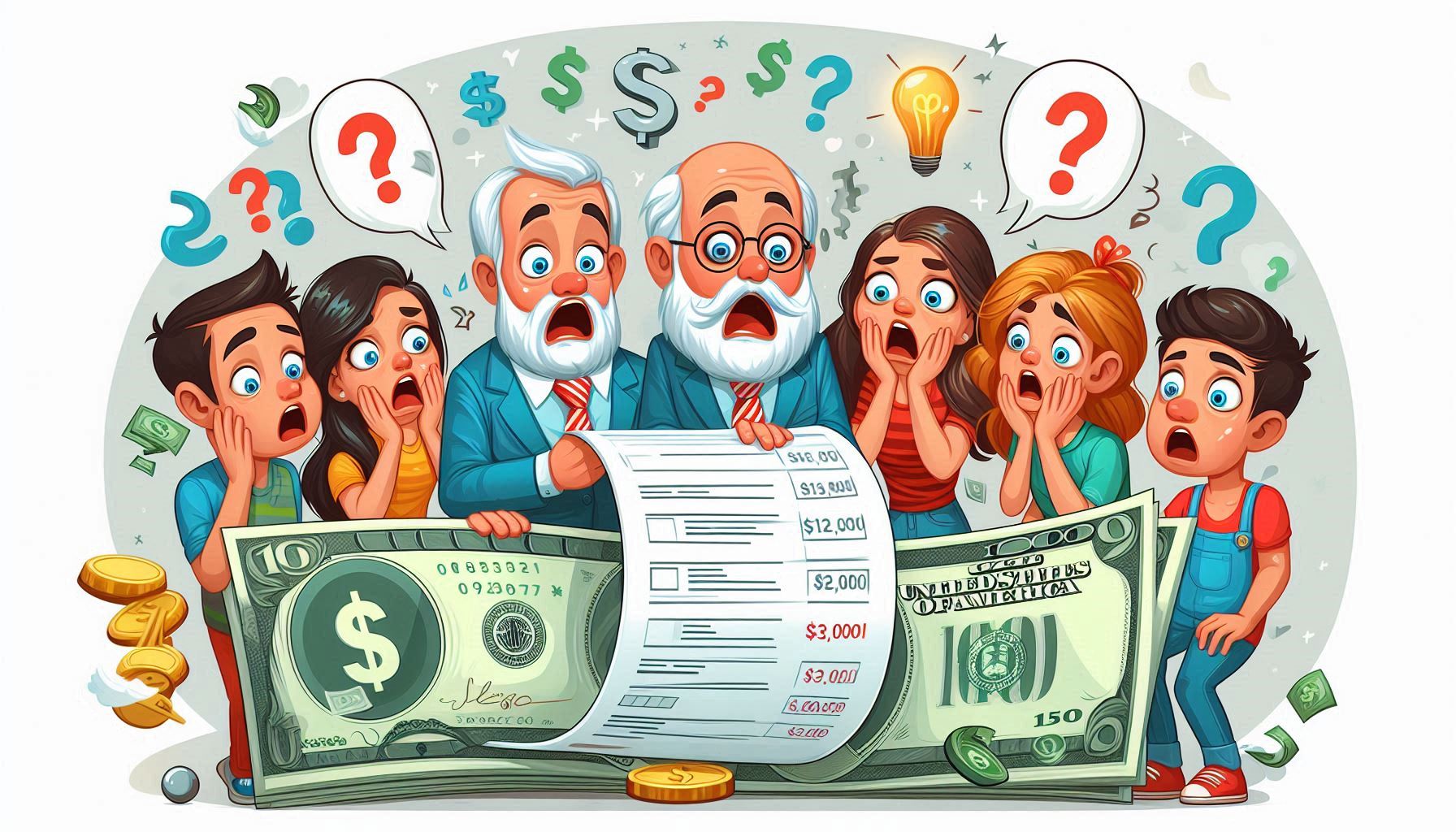 a group of people looking at a bill